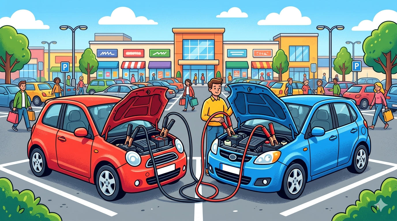 車のバッテリー上がりでブースターケーブルをつないでいるイラスト