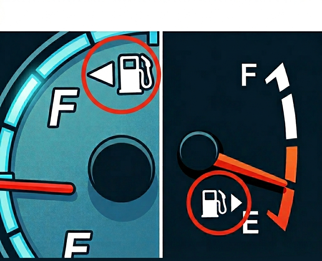 燃料メーターの三角マークで給油口の左右がわかるイラスト