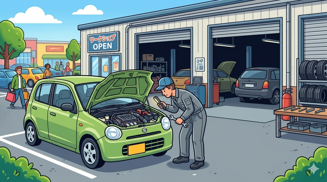 整備工場の前でボンネットを開けた軽自動車と整備士のイラスト