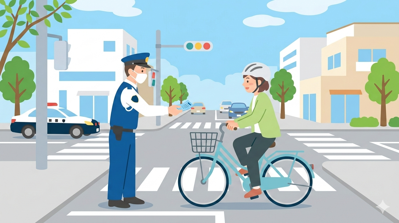 自転車の交通違反で青切符を切られるイラスト