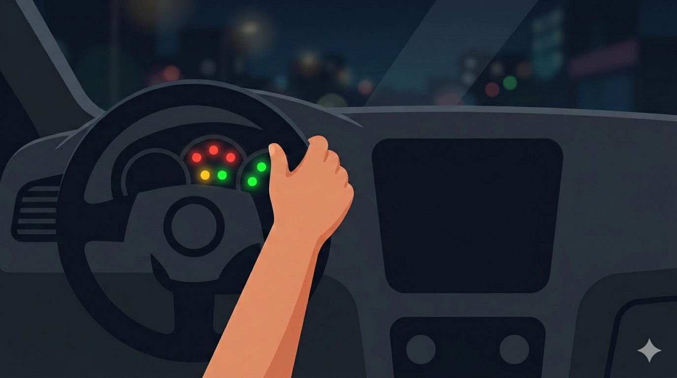 車のダッシュボードに赤・黄・緑の警告灯が光っているイラスト