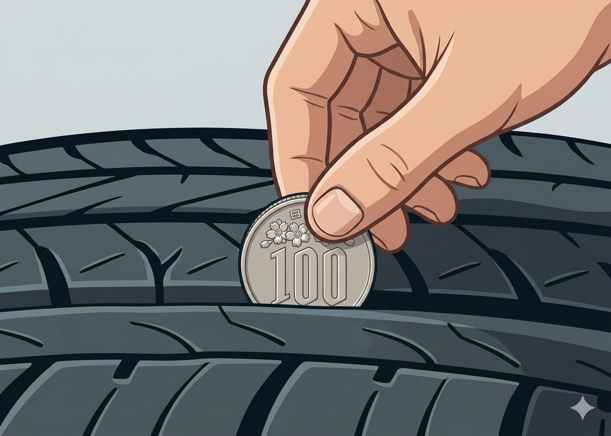 100円玉でタイヤの溝をチェックするイメージ