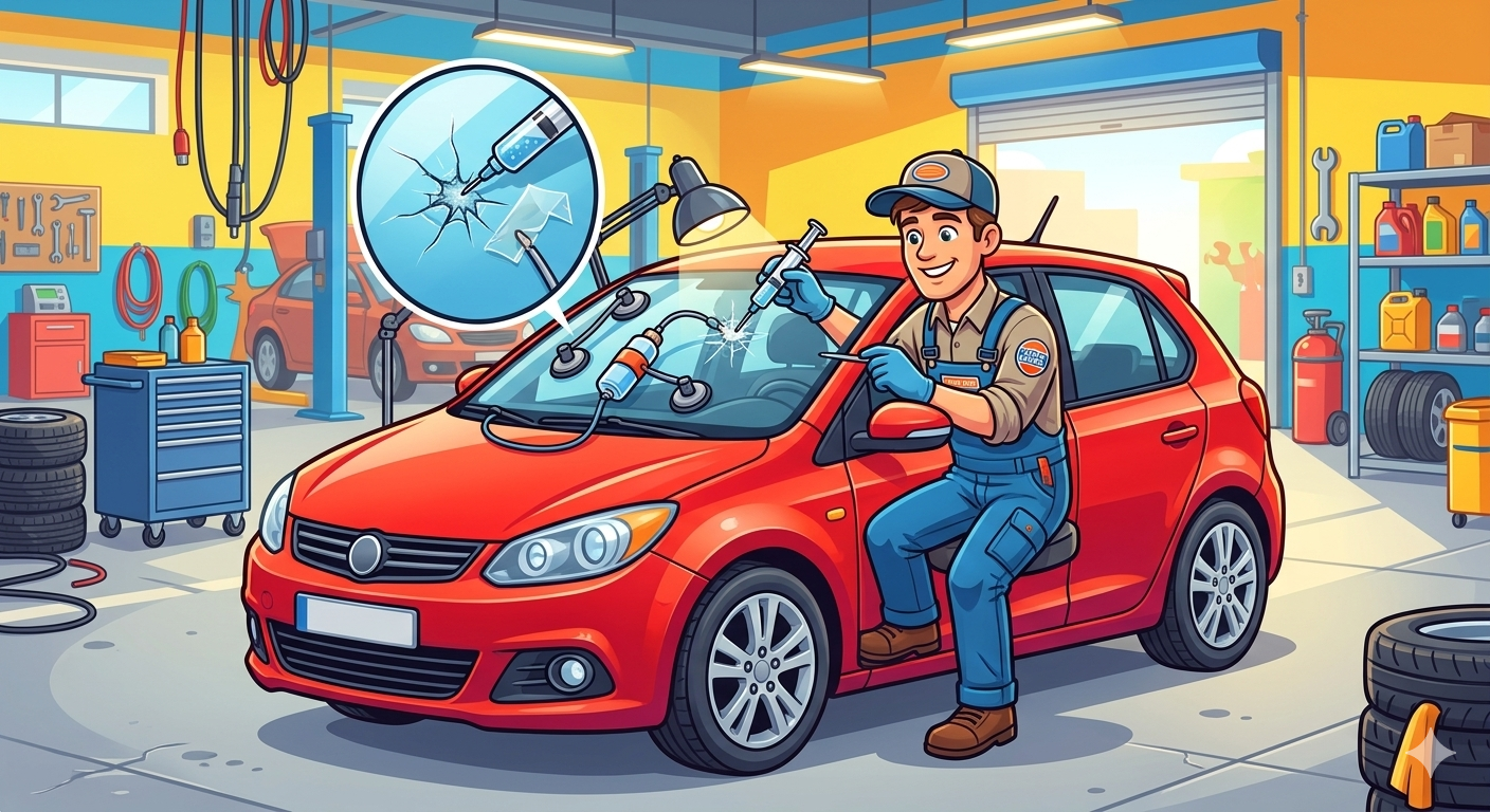 フロントガラスの修理をしている整備士