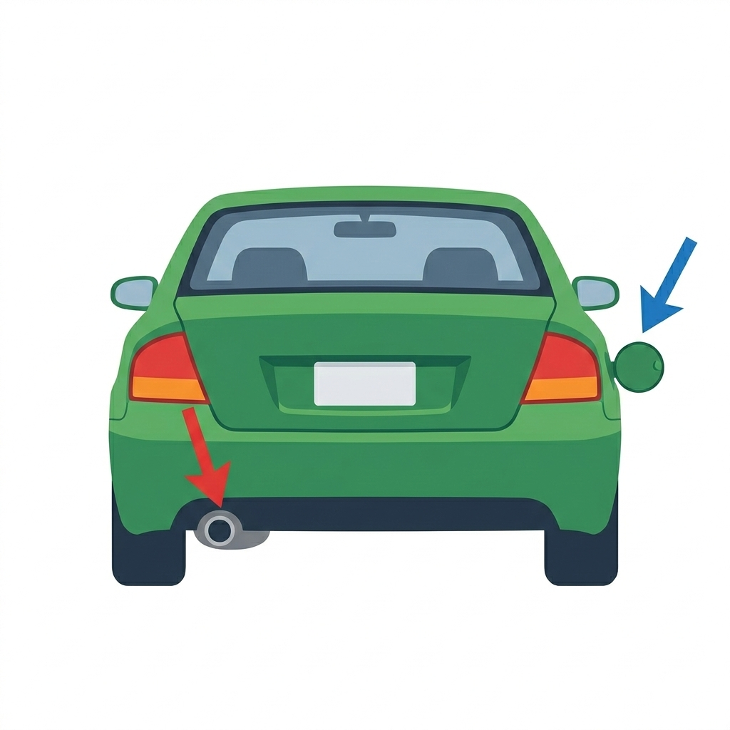 車のマフラーと反対側に給油口がある位置関係を示すイラスト