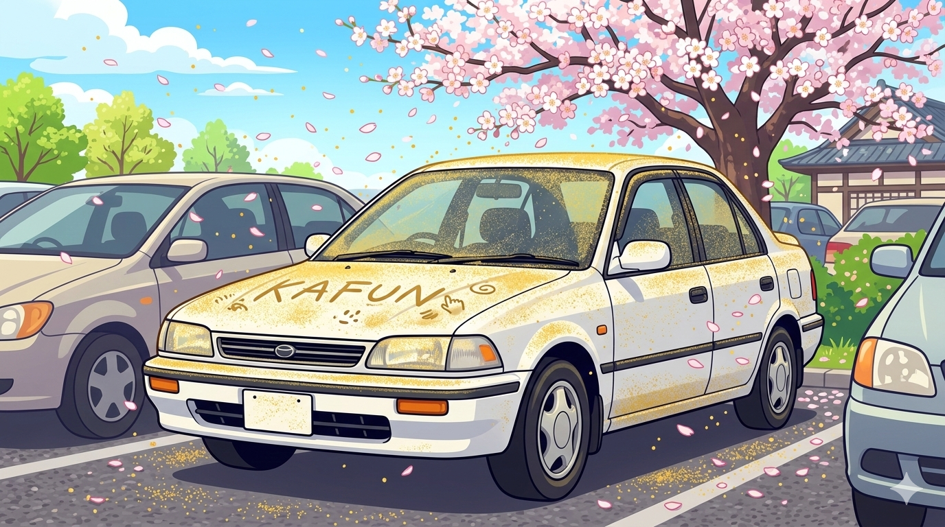 春の花粉で黄色く汚れた白い車のイラスト