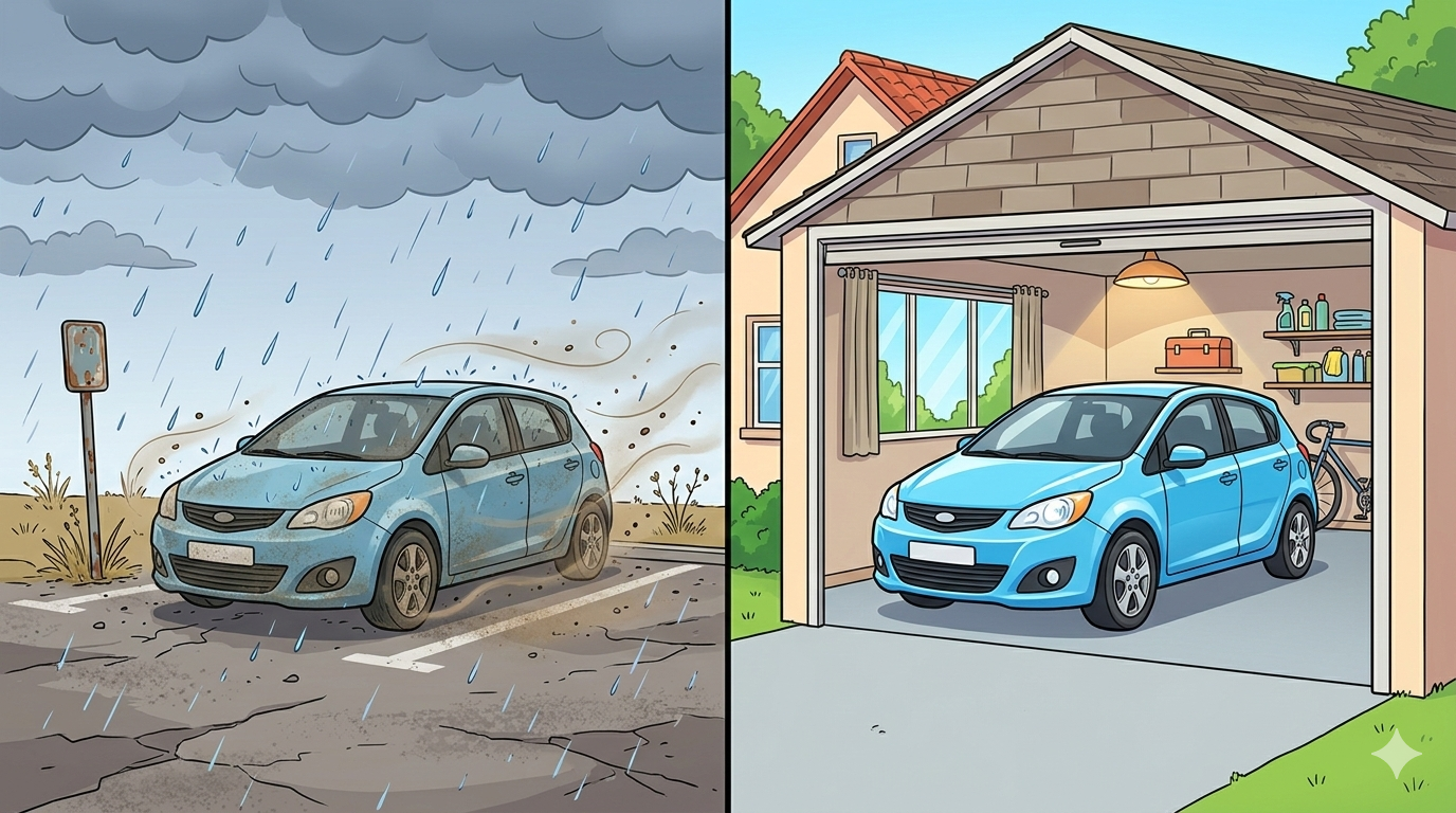 青空駐車と屋根付きガレージの比較イラスト