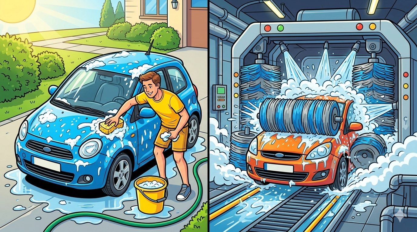手洗い洗車と機械洗車の比較イラスト